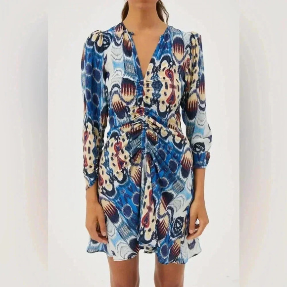 Mariacher Maria Cher Olite Rosario Silk Ruched Short Long Sleeve Mini Dress Blue - Picture 10 of 12